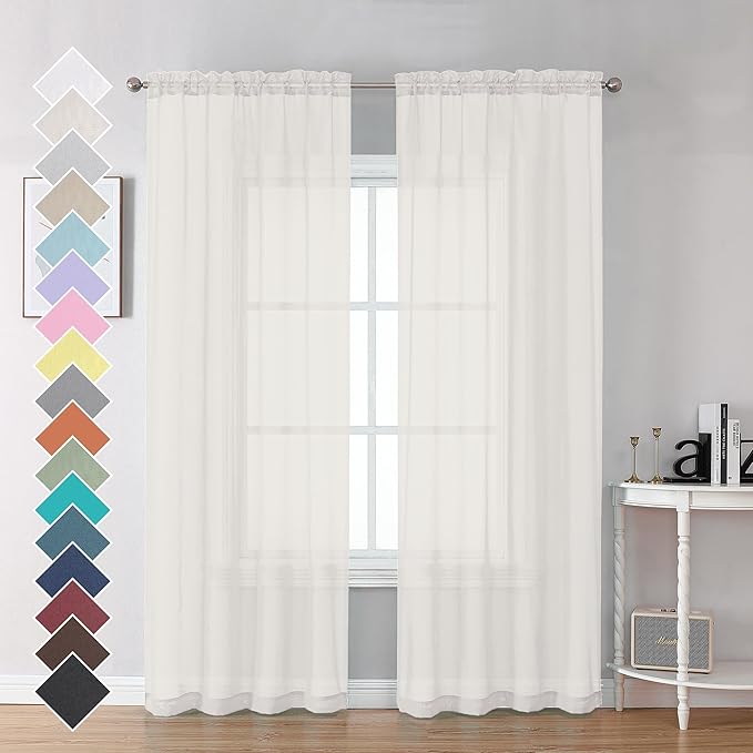Ivory Sheer Curtains 84 Inch Length 2 Panels by OVZME