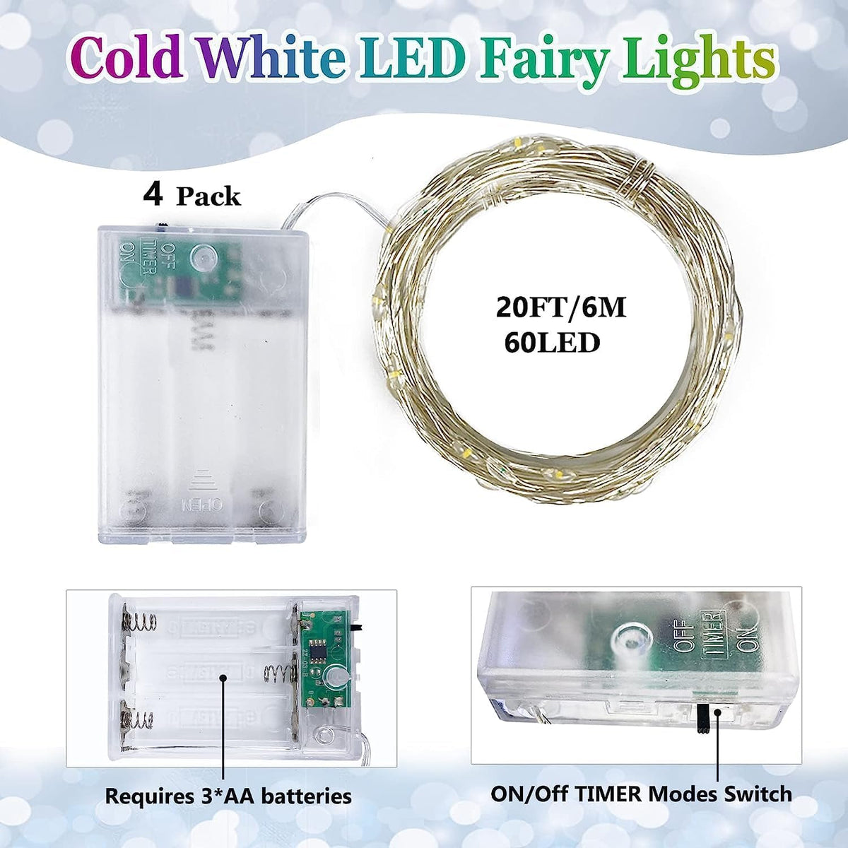 4 Pack Fairy Lights Battery Operated with Timer, Each 20FT 60LED Christmas String Lights Outdoor Indoor, Cuttable Battery Twinkle Lights for Bedroom Home Wedding DIY Christmas Decorations (Cool White)