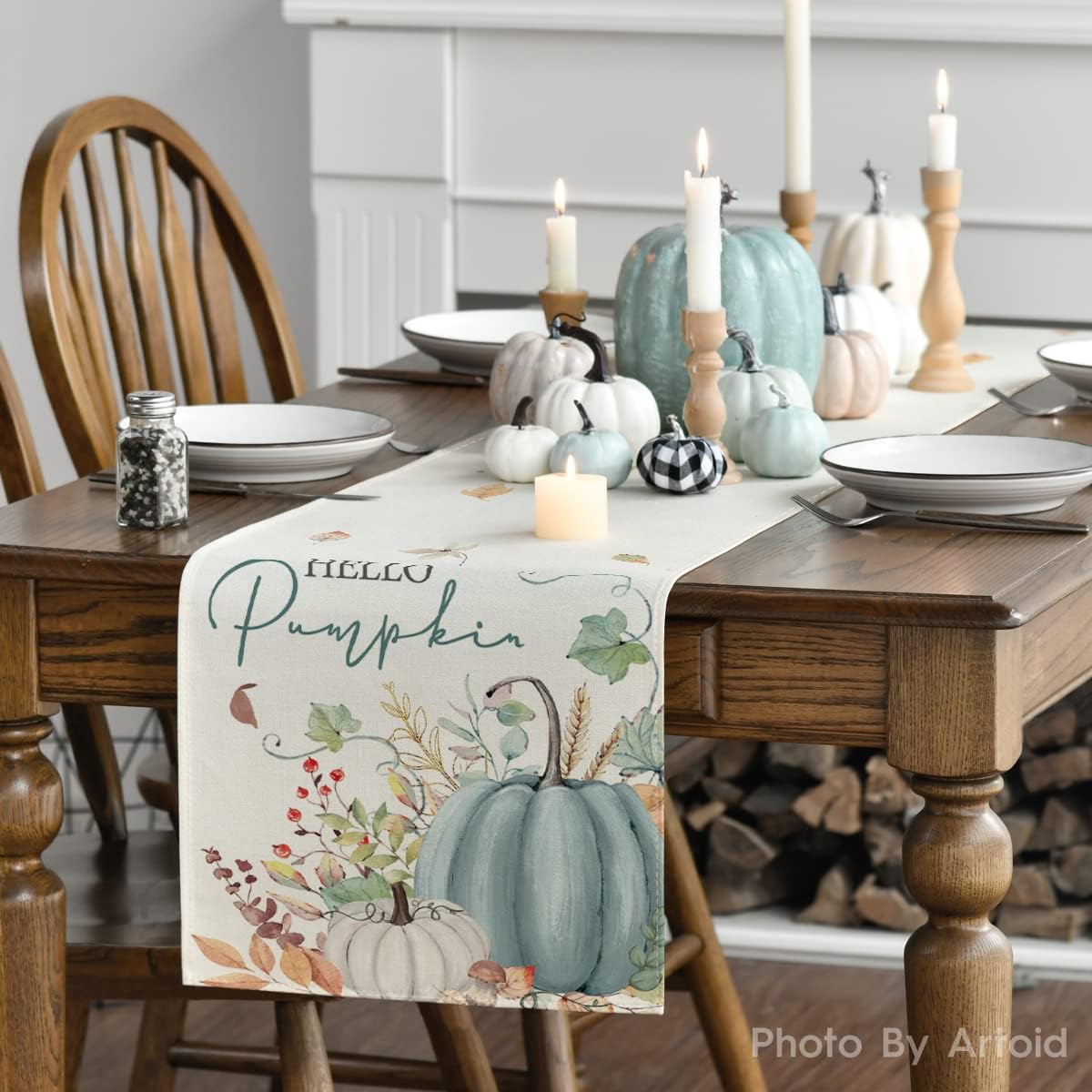 Artoid Mode Aqua Hello Pumpkin Leaves Fall Table Runner, Seasonal Autumn Kitchen Dining Table Decoration for Home Party Decor 13x72 Inch