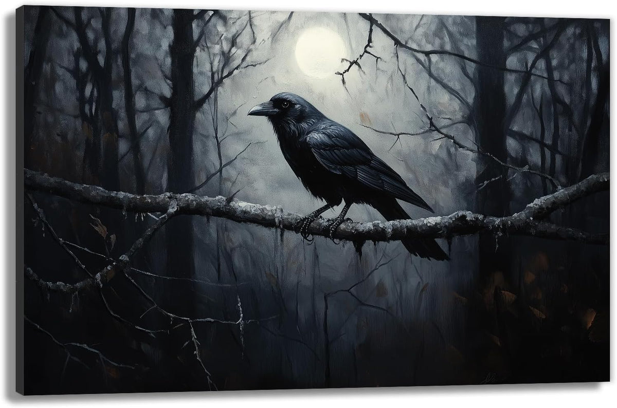 OAAPITI Crow Canvas Wall Art Black Crow Stand On The Branch Picture Print Moonlit Night Poster Vintage Forest Landscape Painting Artwork Living Room Halloween Decor(Artwork-1,16"x24")