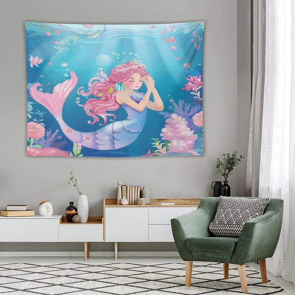 HZOHNAGO Mermaid Girls Tapestry Watercolor Flowers Mermaid Princess Blessing Pattern for Kids Room Decoration Printed Wall Tapestry Wall Hanging for Bedroom Living Room Dorm 80" W x 60" H