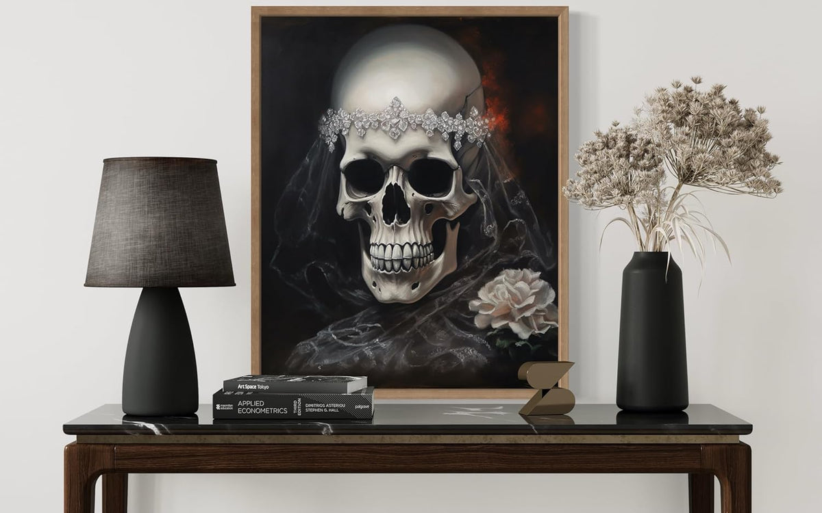 Skull Bride Poster Art Print, Halloween Scary Vintage Wall Art Academia Spooky Painting Decoration for Horror Prints, Gothic Posters Bedroom Decor 89 (Skull Bride, 11 x 14 inches, Wood Frame)