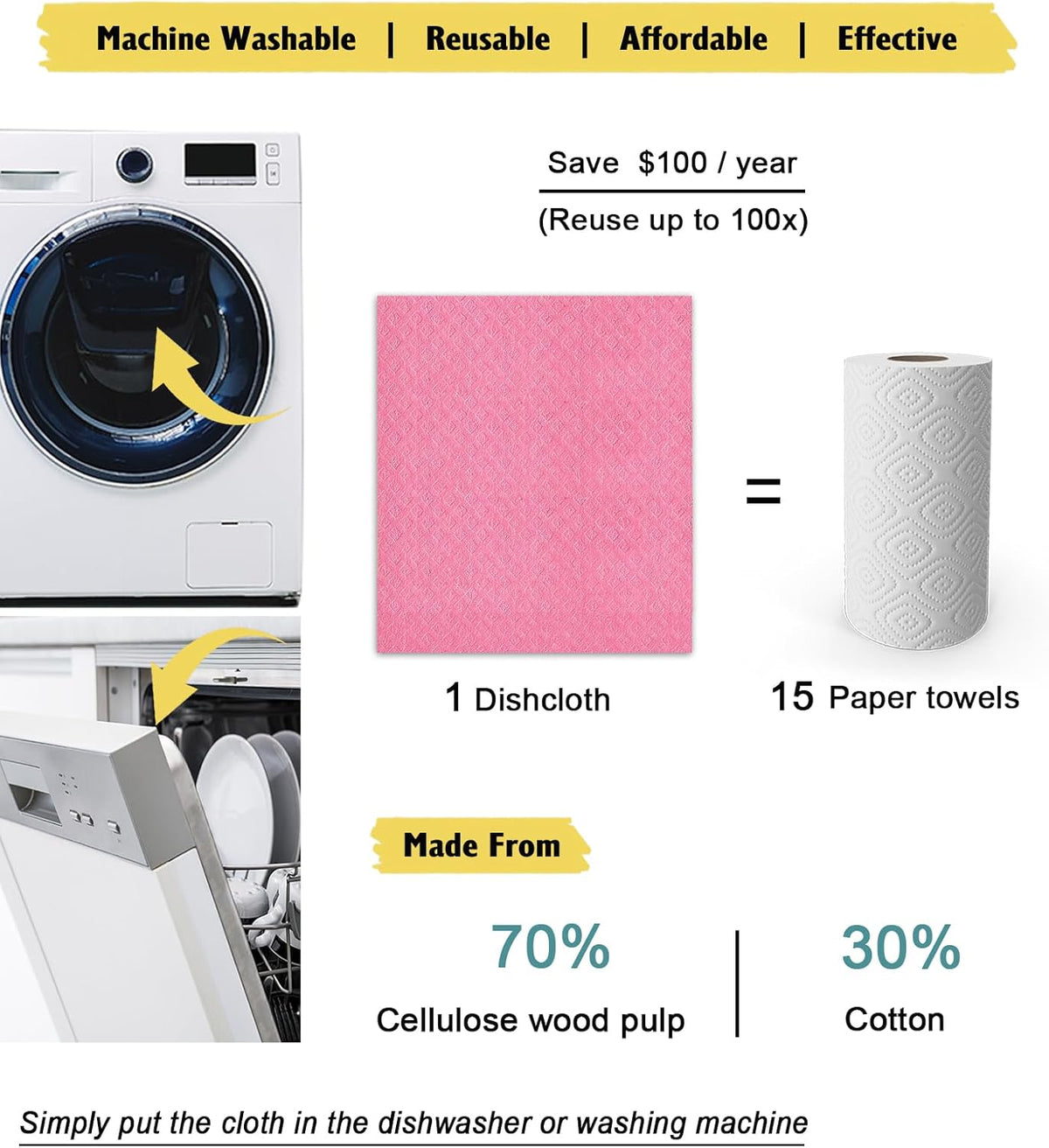 Swedish Dishcloths - 10 Pack Reusable Kitchen Dishcloths - Ultra Absorbent Dish Towels for Washing Dishes - Cellulose Sponge Cloth Cleaning Cloths - Pink