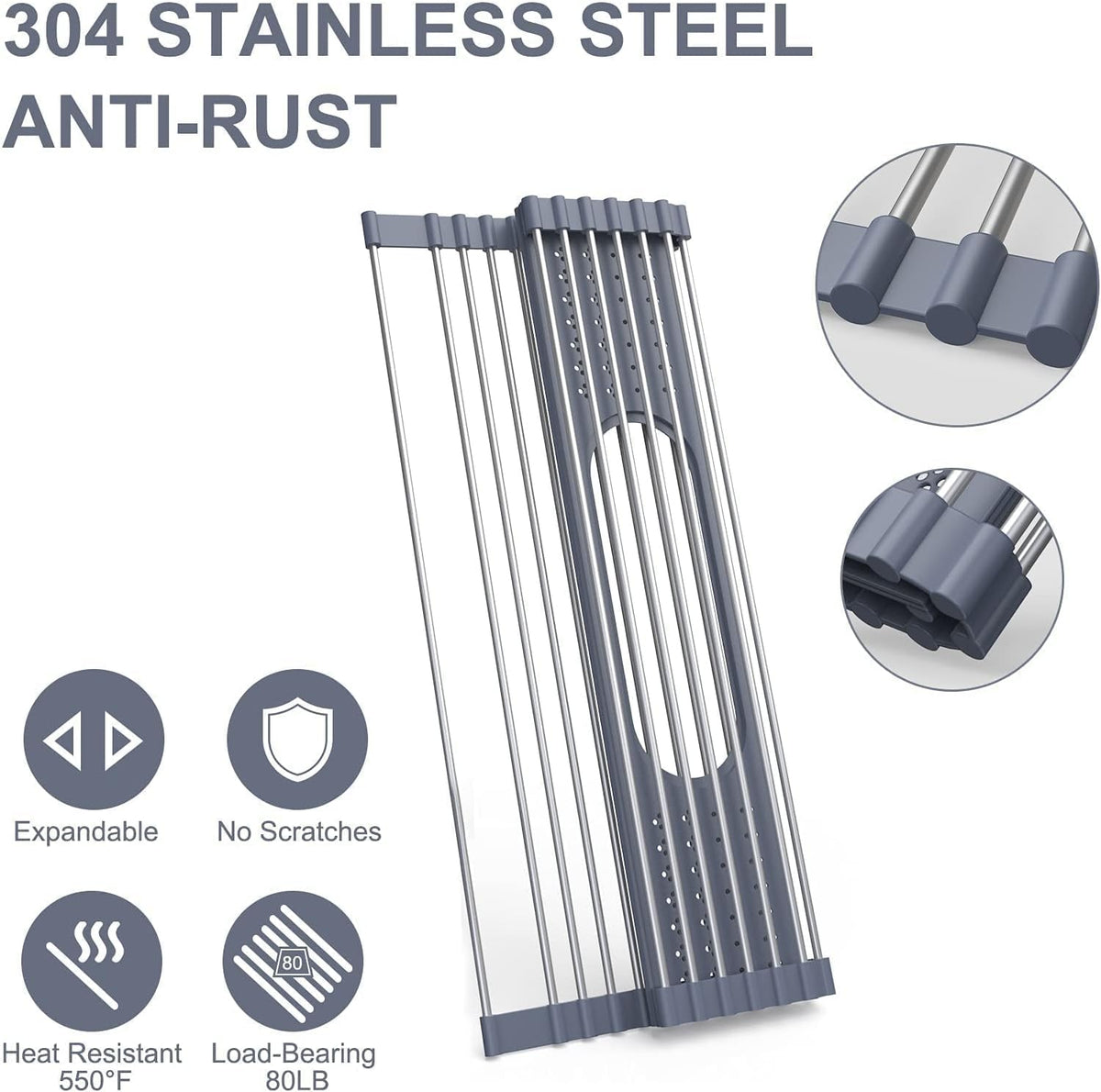 LEMIKKLE Roll Up Dish Drying Rack 17.5" x 15.2" Over The Sink Dish Drying Rack, Multi-Purpose Kitchen Rolling Dish Drainer Foldable SUS 304 Stainless Steel Dish Drying Rack