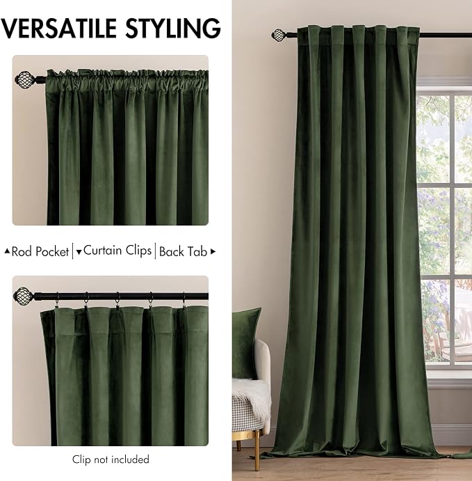 MIULEE Velvet Curtains 52x94 inches 2 Panels Olive Green Blackout Curtains | - Image 2