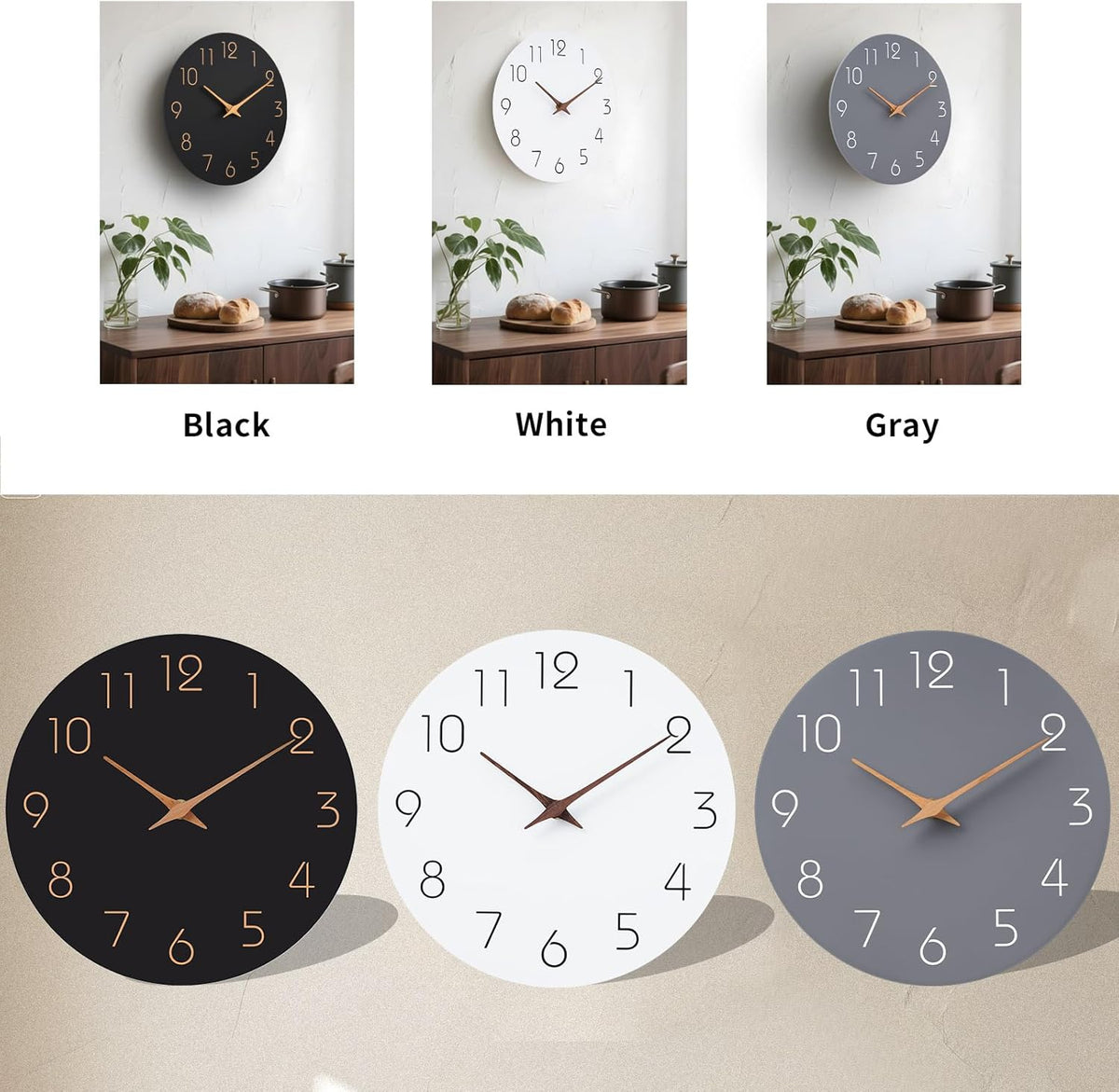 Mosewa Wall Clock Silent Non Ticking Decorative for Kitchen Bedroom Bathroom Office Living Room Battery Operated 10 Inch Gray Wood Modern Simple