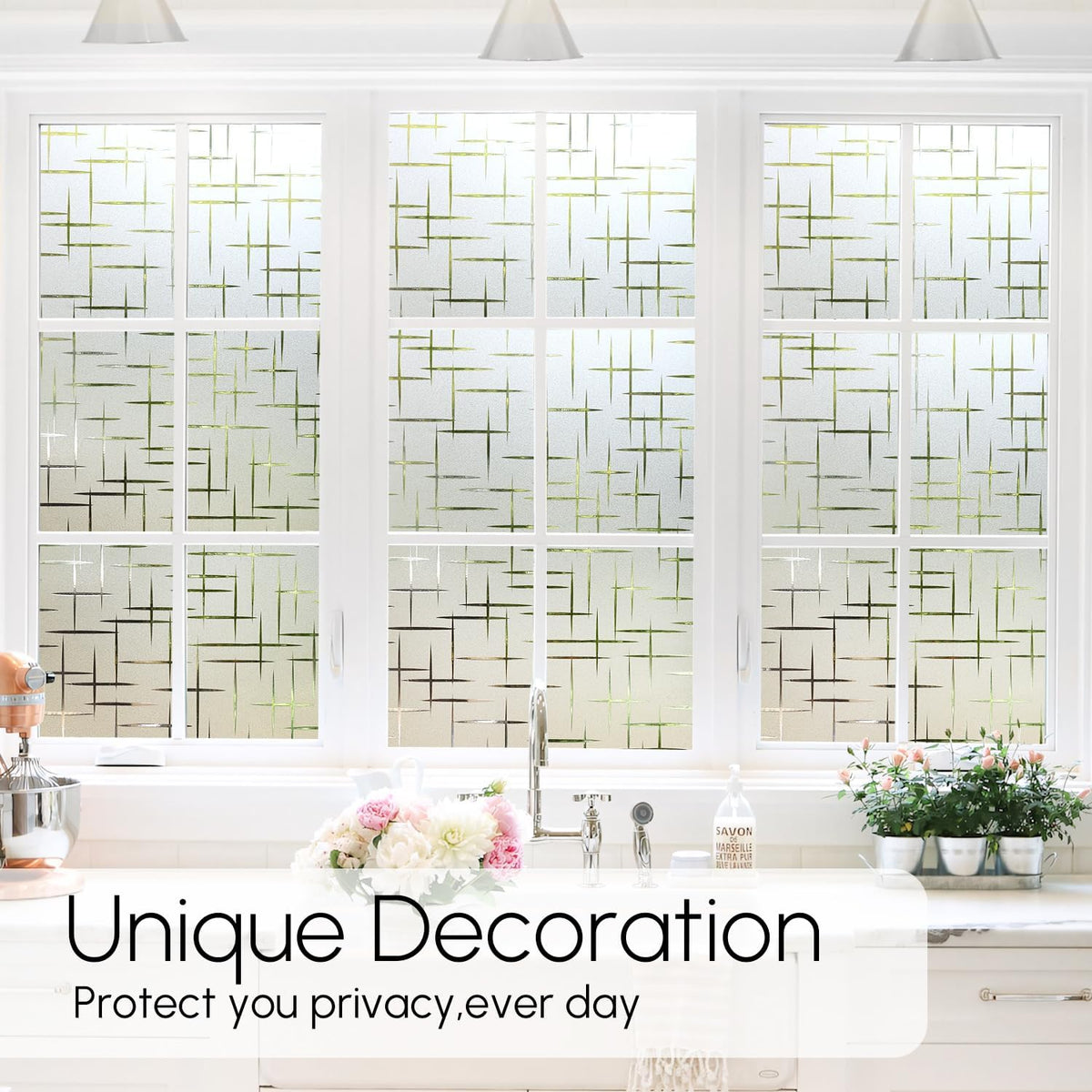 HIDBEA Window Privacy Film, Decorative Staic Cling Frosting Film, Heat Control UV Blocking Non-Adhesive Window Sticker for Home, Cross Pattern,17.5 X 78.7 Inch
