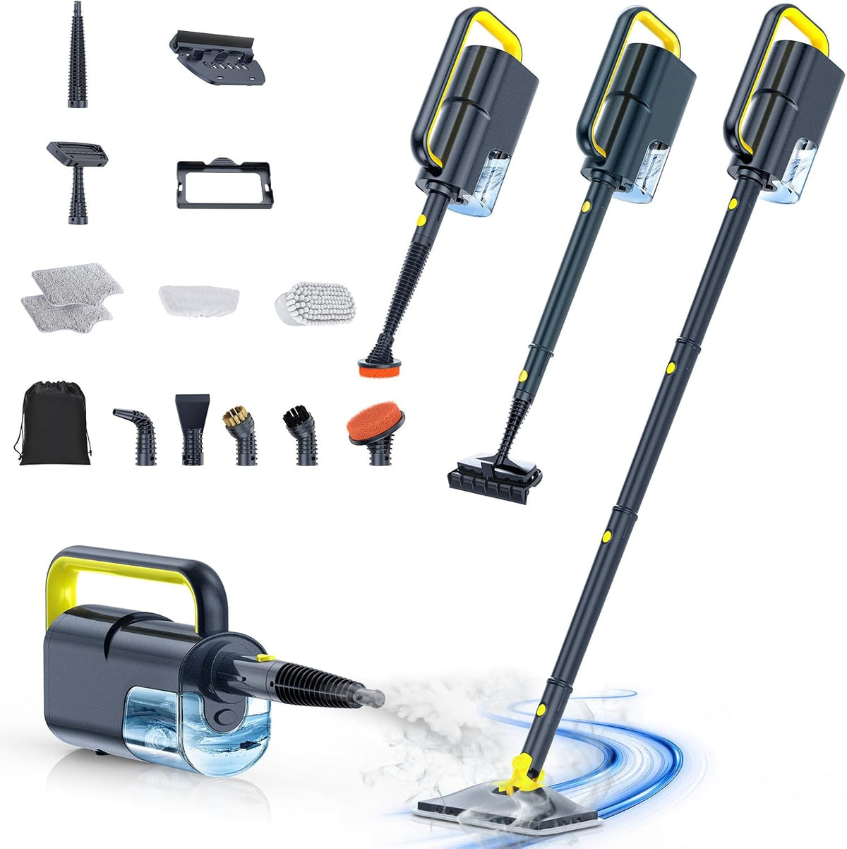 ScrubWiz Steam Mop Cleaner with Detachable Handheld Steamer, 10-in-1 Multi Accessories, Washable Microfiber Pads, 350ml and 2 Adjustable Levels for Cleaning Floor, Carpet, Tiles, and Grout, Gray