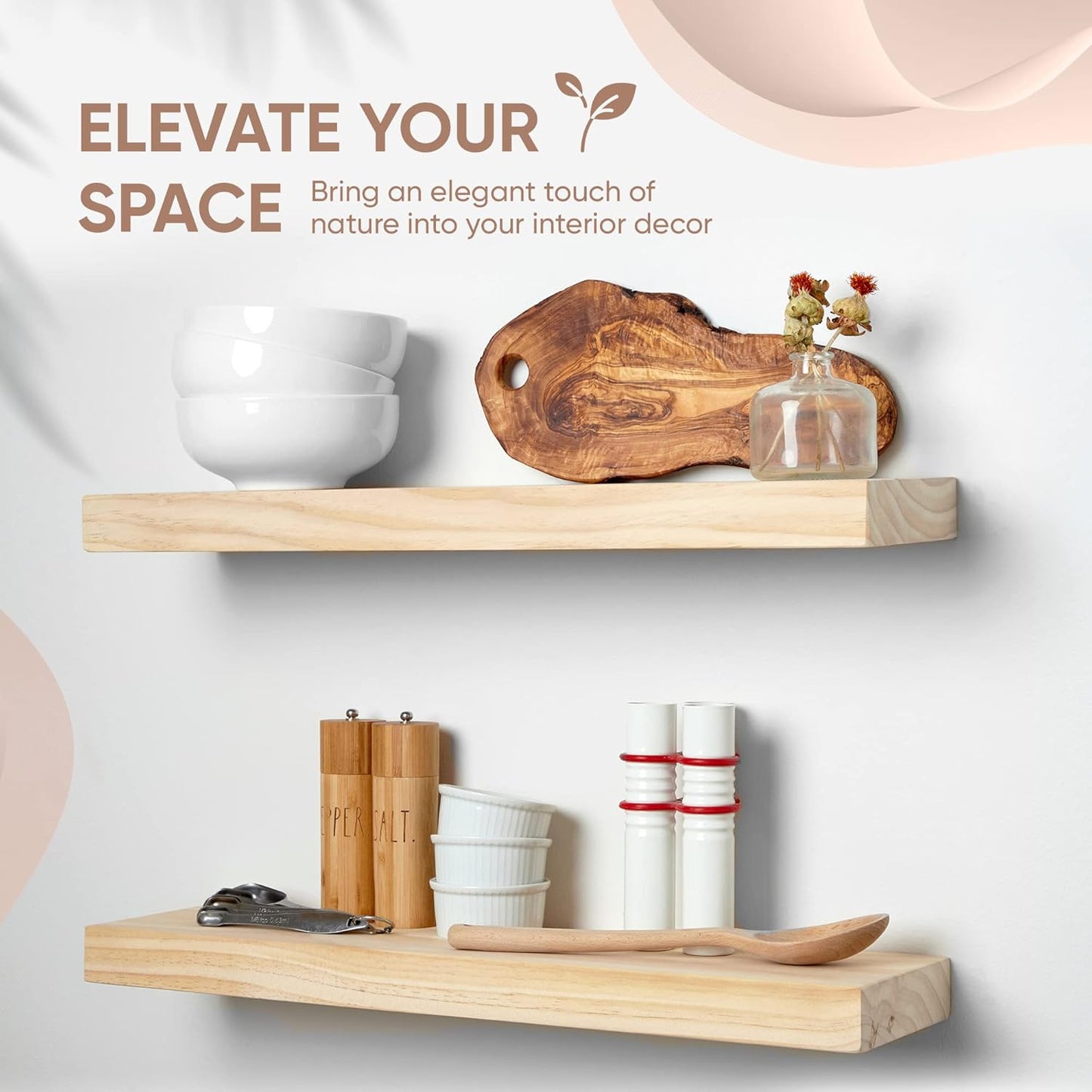 Homeforia 24 inch Natural Floating Shelf, High End Solid Real Wood 24inch Small Floating Shelves for Wall Mounted, Natural Wooden Floating Shelves, Heavy Duty Bracket, 24 X 6.5 X 1.75 in, Set of 3