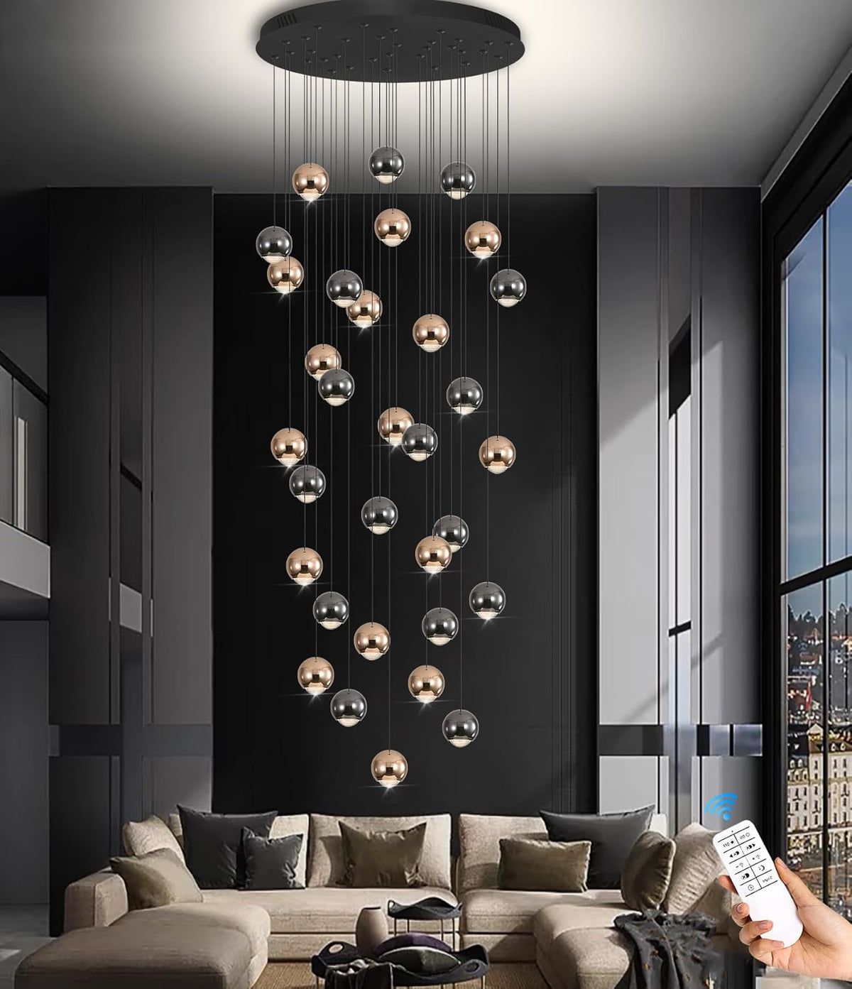 Farmhouse Crystal Chandelier, Luxury Hanging Lights High Ceiling Pendant Lighting for Foyer Staircase 32 Lights Black and Gold Dimmable 2700k-6000k