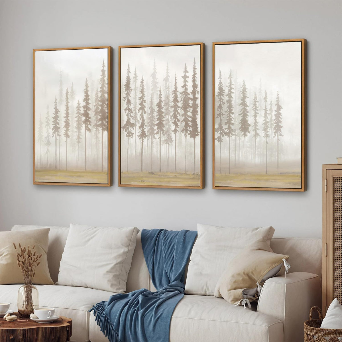 SIGNINART Large Pine Tree Framed Canvas Wall Art Set, Foggy Forest Landscape Wall Decor, Modern Beige Nature Artwork, Misty Forest Wall Painting for Living Room, Bedroom,Office 16 x24 x3