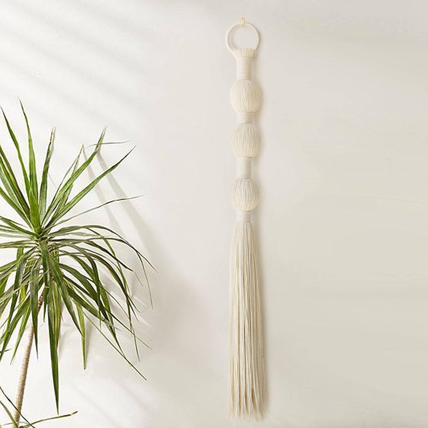 Macrame Wall Hanging Small Sphericity Cotton Textile Tassel Wall Hanging Fiber Yarn Art for Living Room Bedroom 27'' L x 2.3'' W