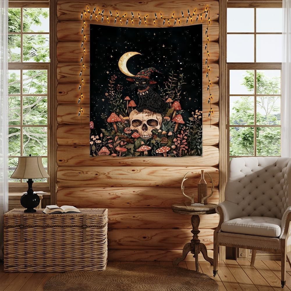 Halloween Witch Cat Tapestry Gothic Skull and Mushroom Artwork Print Spooky Halloween Witchy Wall Hanging Decor Black Cat Crescent Moon art Tapestries for Living Room Bedroom Decoration 70x90inch