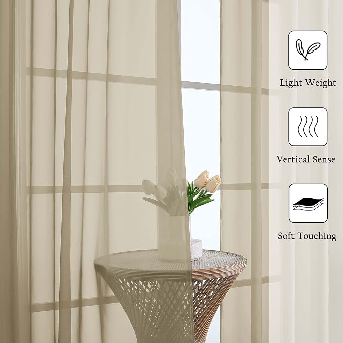 Taupe Sheer Curtains for Bedroom Decor 84 Inches Long 2 Pcs, Modern Farmhouse - Image 2