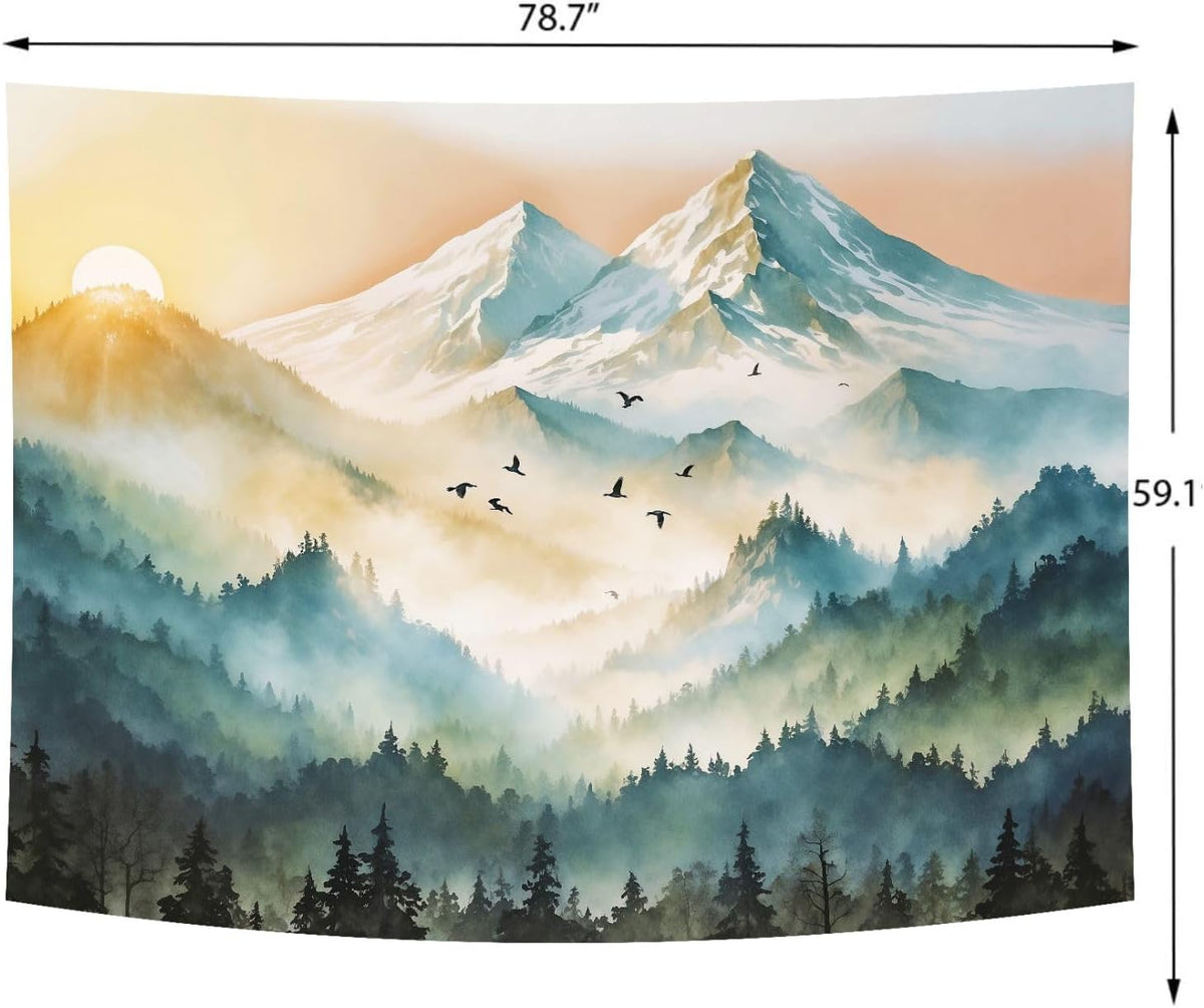 Delur Mountain Tapestry Boho Misty Sunset Forest Tree Tapestry Wall Hanging Sunrise Nature Landscape Psychedelic Headboard for Bedroom Living Room Home Decor (59.1" x 78.7")
