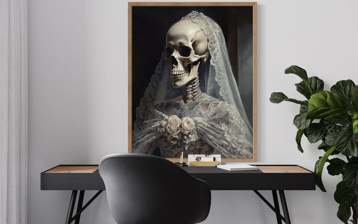 Skull Gown Poster Art Print, Halloween Scary Vintage Wall Art Academia Spooky Painting Decoration for Horror Prints, Gothic Posters Bedroom Decor 89 (Skull Gown, 16 x 20 inches, Wood Frame)
