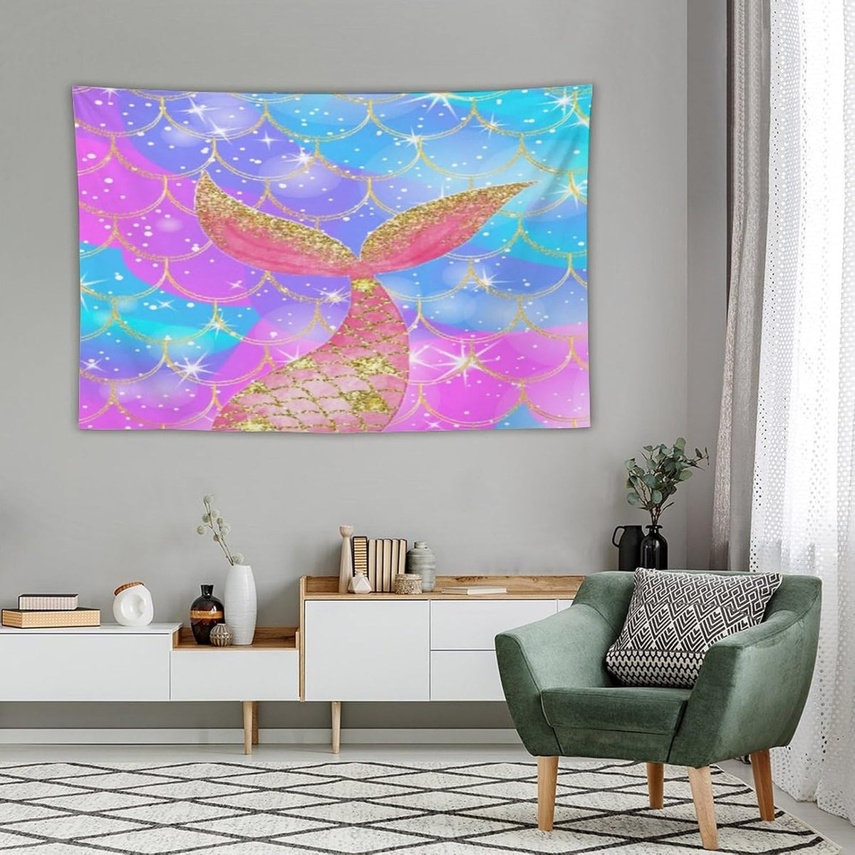 HZOHNAGO Mermaid Scales Tapestry Colorful Shiny Scales Mermaid Tail Pattern Printed Wall Tapestry Wall Hanging for Bedroom Living Room Dorm 90" W x 60" H