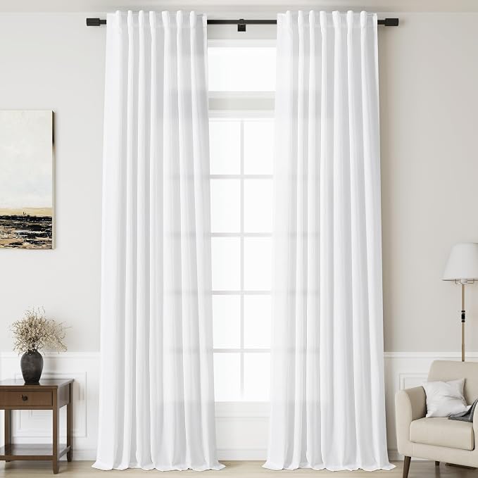 White Linen Curtains 127 Inches Long 2 Panels Set by Nanspring