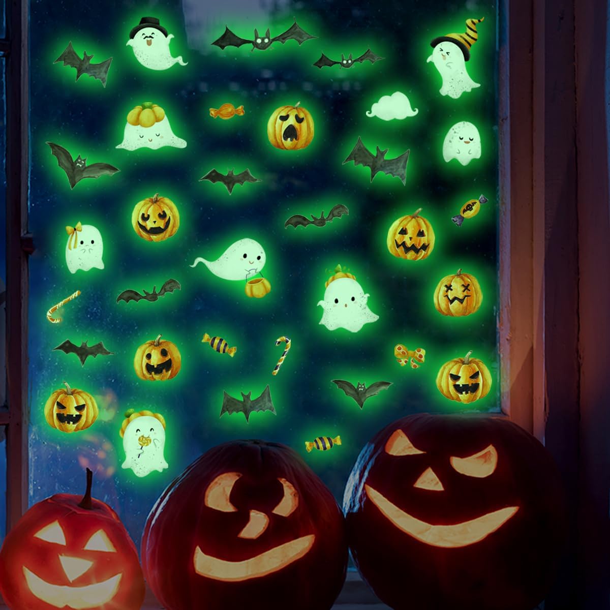 clothmile 3 Sheets Glow in The Dark Halloween Window Clings Luminous Halloween Window Stickers Removable Pumpkin Ghost Bat Wall Decor Glowing Window Clings for Scary Halloween Theme Party Decorations