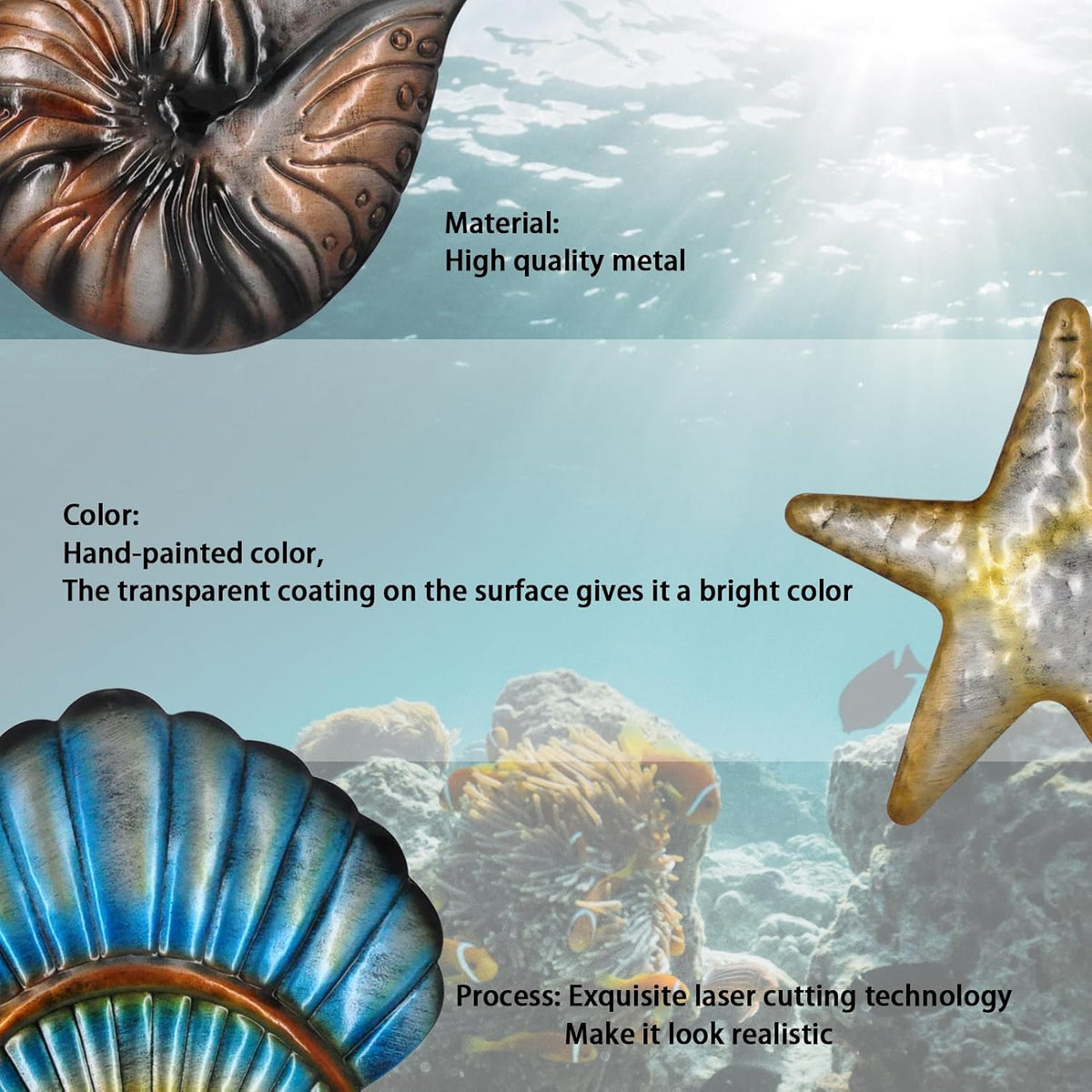 Metal Ocean Wall Sculptures Outdoor Metal Sea Star Conch Wall Art Decor Pool Garden Patio Bathroom Yard Farmhouse Fence Deck