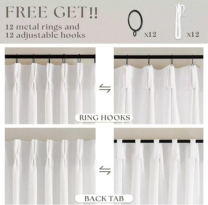 90 Inches Long Linen Curtains 60 Inch Width Pinch Pleated Beige White | Ivory - Image 4