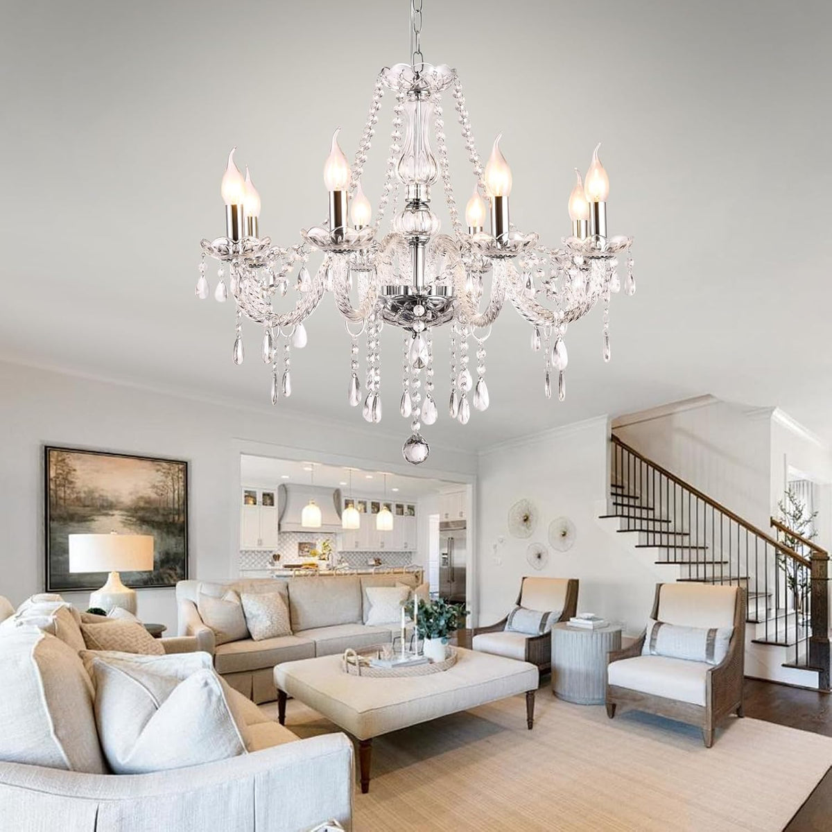 Modern Elegant 8 Lights K9 Crystal Glass Chandelier Pendant Ceiling Lighting European Style for Dining Living Room Bedroom Transparent, 8 E12 Bulbs Required