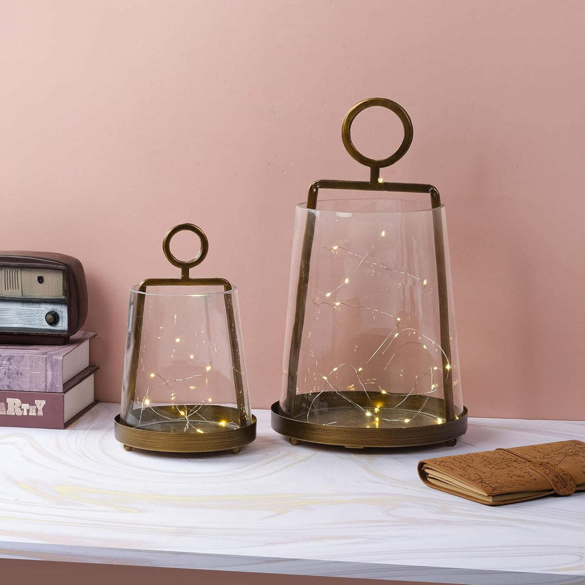 9" Wide Modern Farmhouse Metal Hurricane Candle Holder with Handmade Sturdy Glass Sleeve in Antique Brass for Pillar Candle & Plants, Hurricane Lantern, Industrial, Minimalistic (1, Brass, 9"x14")