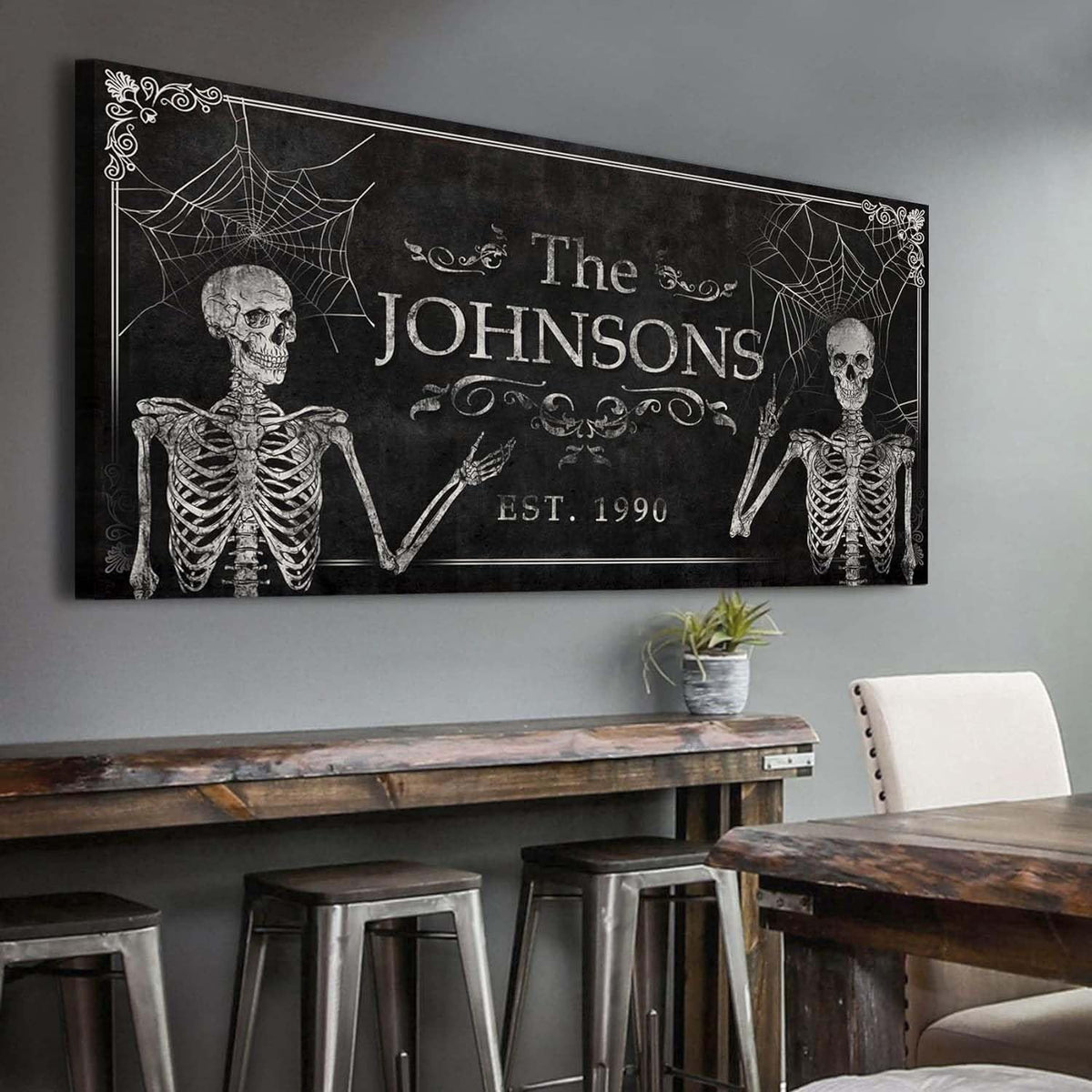 Tailored Canvases Gothic Family Wall Decor - Personalized Grunge Vintage Skeleton Room Decor for Home, Halloween Lovers, Men & Women for Bedroom, Living Room - Custom Couple Name, White Print, 20"x10"