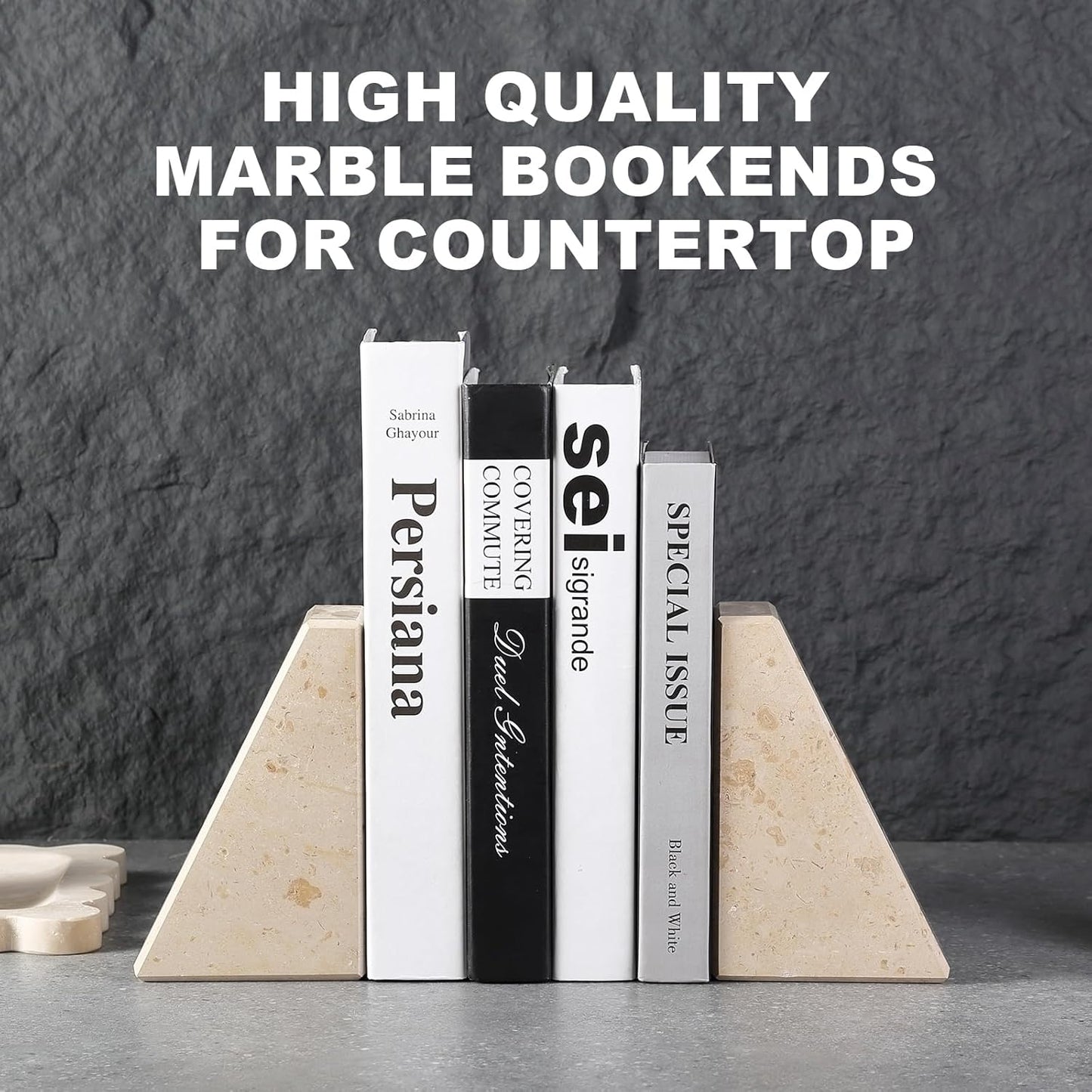 Marble Bookends for Heavy Books, Decorative Book Ends for Shelves, Beige Stone Durable and Heavy-Duty Book Ends for Hardback Books & CDS, Unique Book Stopper & Holder, Set of 2