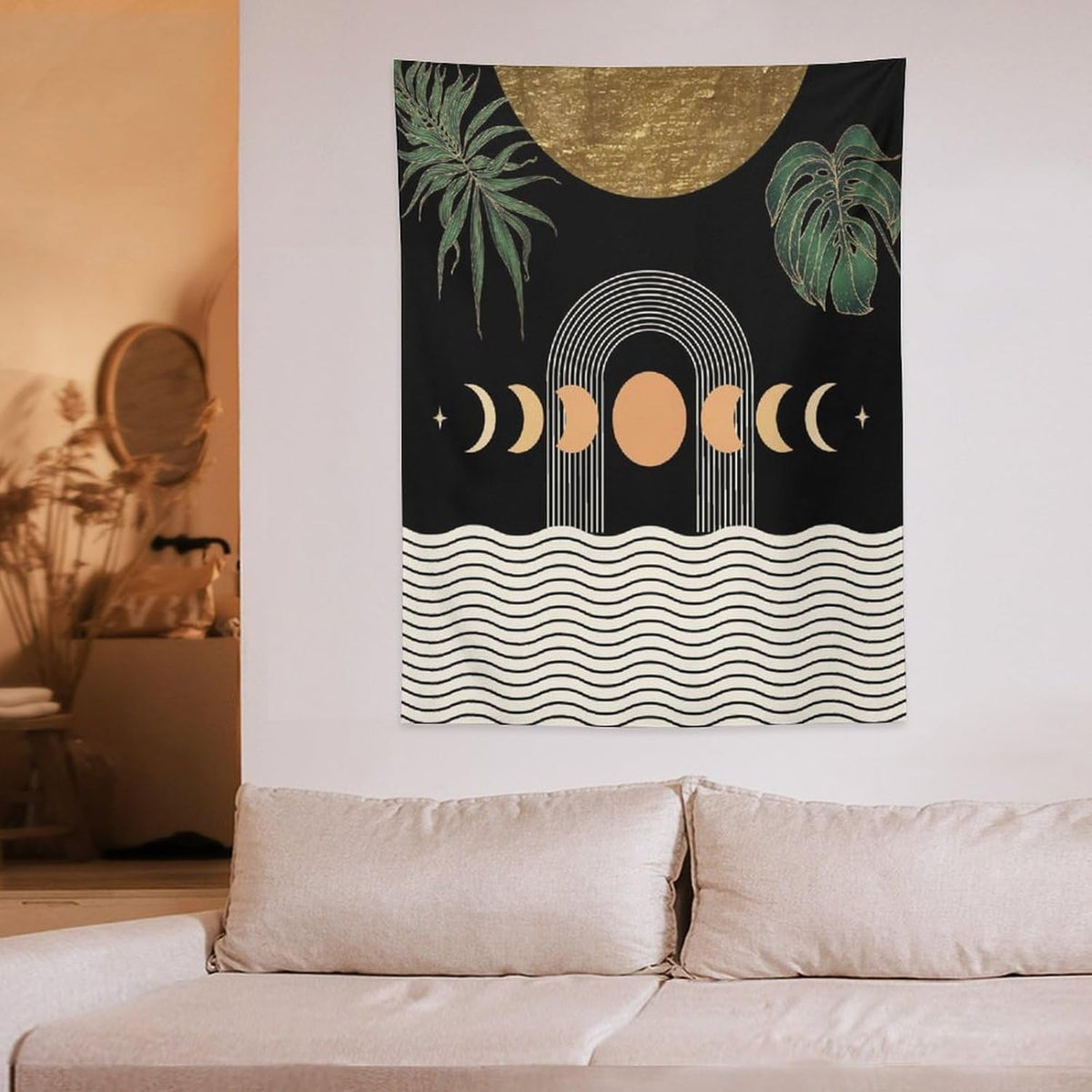 Abstract Boho Tapestry, Mid Century Tropical Tree Leaves Modern Geometric Arch Bohemian Botanical Tapestry, Home Aesthetic Wall Hanging Art Decor for Living Room Bedroom Dormitory 60x80 Inch