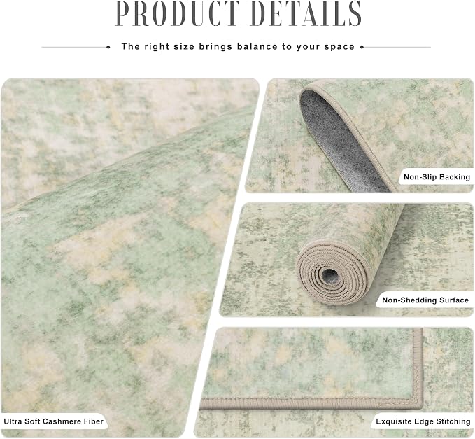 3x8 Washable Runner Rug：Modern Abstract Soft Carpet Green Cream | - Image 5