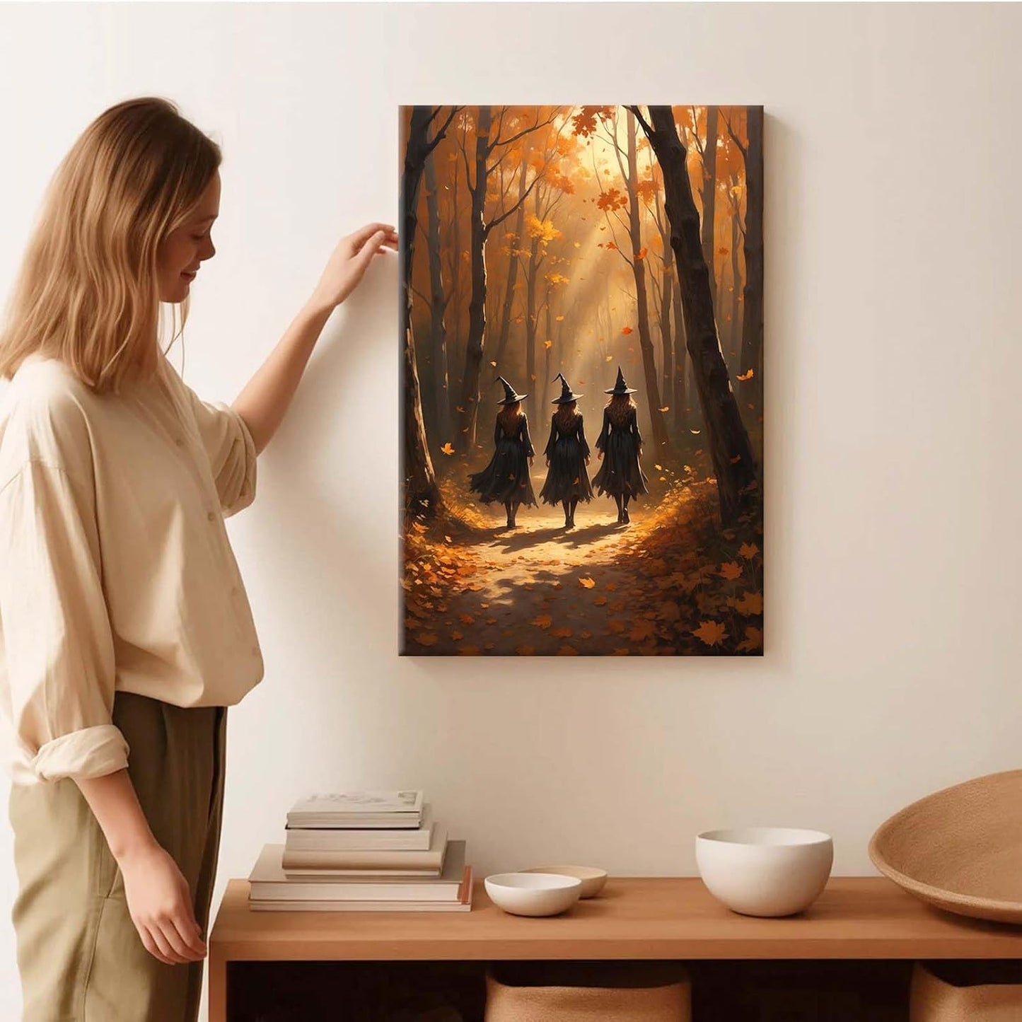 Three witches walking in the forest in autumn canvas painting gothic poster halloween print country witch wall art for home decoration16x24in Wood Framed