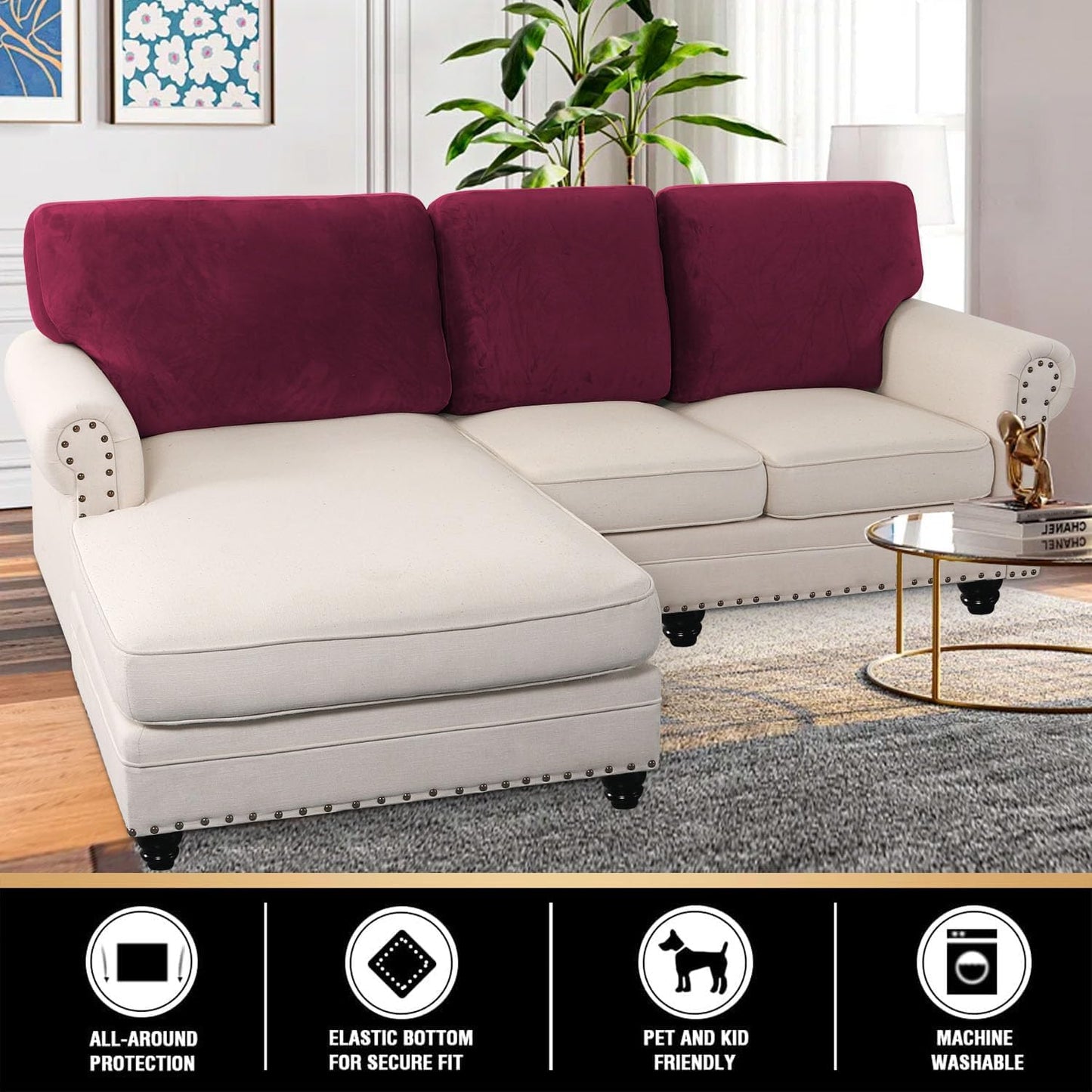 PrinceDeco Velvet Cushion Covers for Sectional Couch, 3 Back Cushion, Burgundy