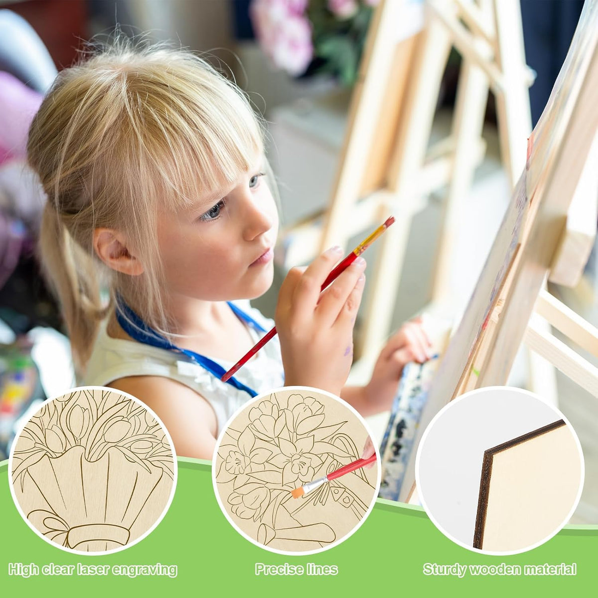 COCHIE 10 Pieces Large Spring Unfinished Wood Crafts to Paint for Adults and Kids, Bulk Predrilled Wooden Ornaments for Painting, Tulips Flowers Paintable Wood Slices Craft Supplies with Ropes