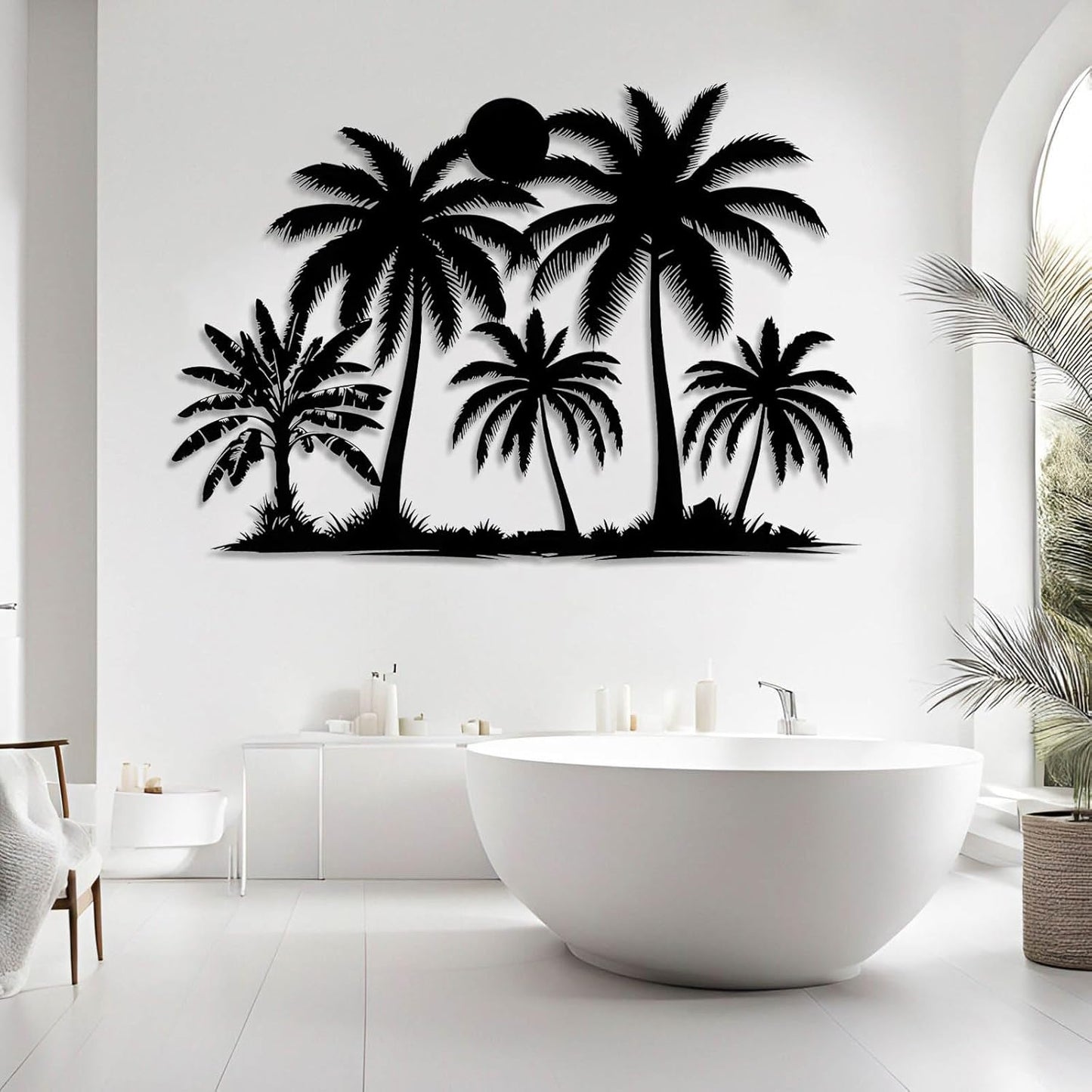 Tuglona Metal Palm Tree with Sunset Wall Decor, Tropical Palm Tree Metal Wall Art, Tropical Wall Decor, Sun Wall Art, Beach Wall Decoration, Coastal Trees Wall Hanging (White, 53"x37"/135x93cm)