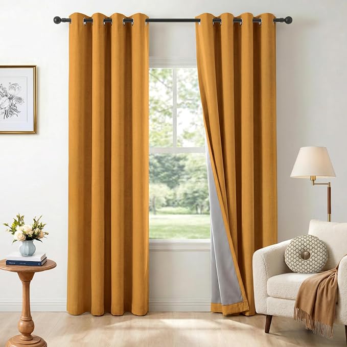 100% Blackout Linen Textured Curtains 96 Inch Long, Mustard Yellow | 100% by 100BlackoutShield
