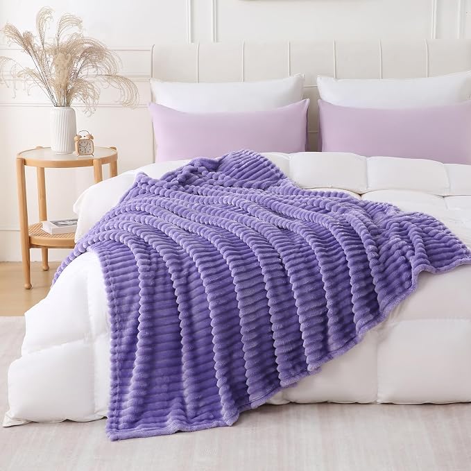 Lavender Throw Blanket for Couch Sofa 90x90 inches Striped Design | Fleece - Image 2