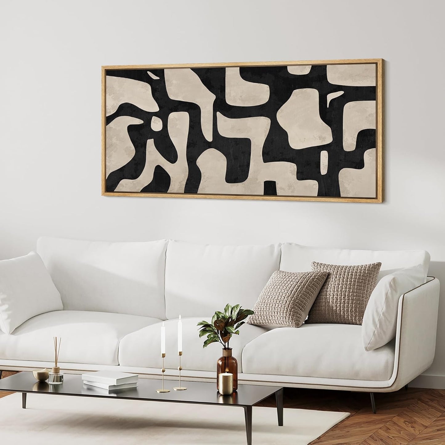 MUDECOR Extra Large Framed Canvas Print Wall Art Abstract Contours Black and White Illustrations Antique Retro Fine Art Illustrations Decorative Colorful for Bedroom - 60"x30"