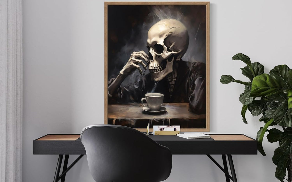 Skull Drinking Coffee Poster Art Print, Halloween Scary Vintage Wall Art Academia Spooky Painting Decoration for Horror Prints, Gothic Posters Bedroom Decor 89 (Skull Drinking Coffee, 8 x 10 inches, Wood Frame)