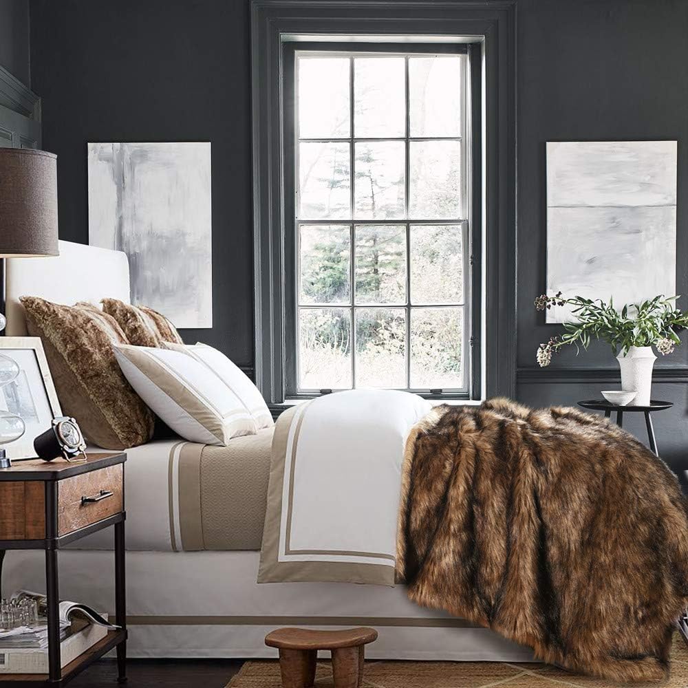 Luxury Plush Faux Fur Blanket King Size, Long Pile Brown with Black Tipped Throws, Oversized Super Warm, Fuzzy, Elegant, Fluffy Decoration Throw Blanket for Sofa, Armchair, Couch and Bed, 104"x90"