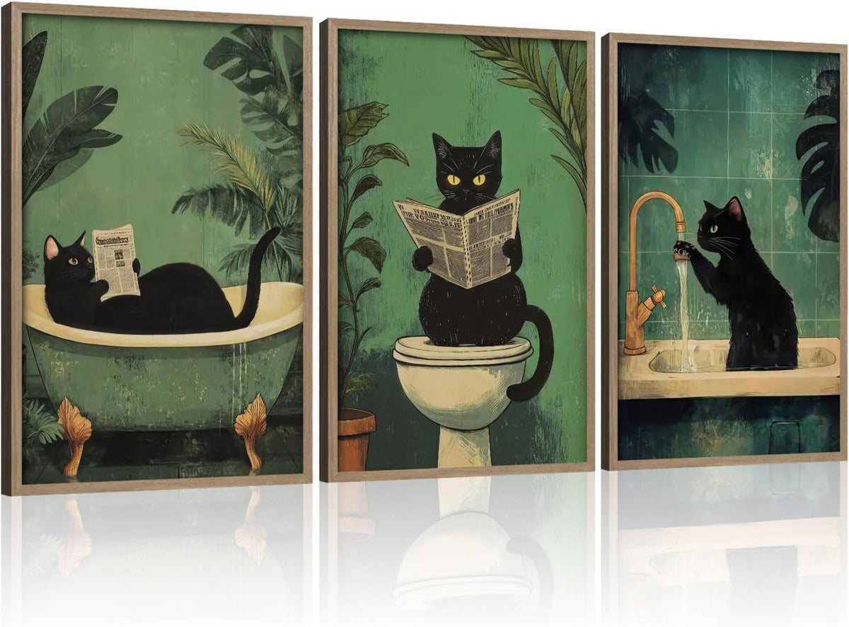 3 Pcs Wooden Framed Cute Black Cat Bathroom Wall Art Modern Style Canvas Prints Funny Posters Pictures Decorative Paintings Artworks Suitable for Living Room Bedroom Bathroom Gallery Style Design 16x24 In