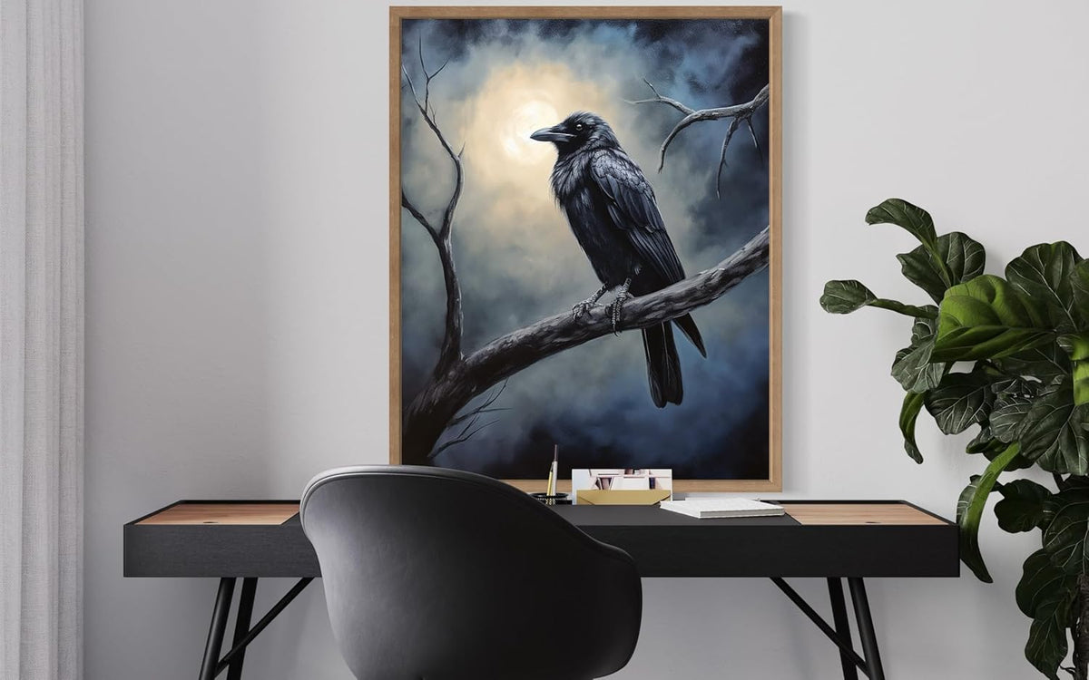 Crow under the Moonlight Poster Art Print, Halloween Scary Vintage Wall Art Academia Spooky Painting Decoration for Horror Prints, Gothic Posters Bedroom Decor 89 (Crow under the Moonlight, 8 x 10 inches, Wood Frame)