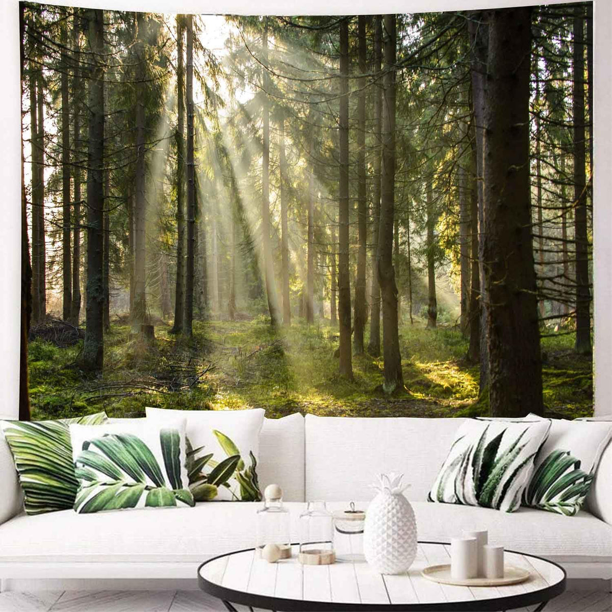Onivein Forest Tapestry Nature Sunlight Streaming Through Green Trees Wall Hanging for Bedroom Living Room Office Decor 90 x 70 Inches