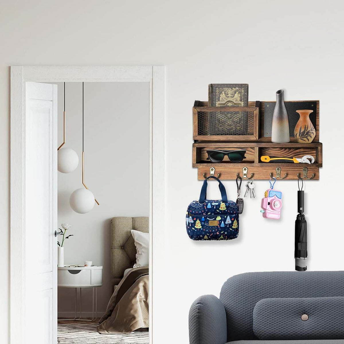 Key Holder for Wall, Mail Organizer Wall Mount with Key Hooks and Wallet Holder, Sunglasses Storage and Dog Leash Hanger, Decorative with 4 Double Hooks and Chalkboard