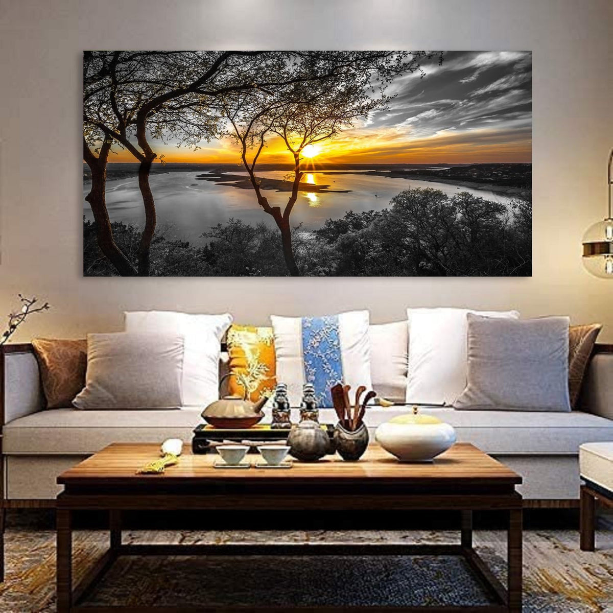 Bamdeya Large Wall Art Living Room Black and White Landscape Tree Canvas Wall Art Lake Print Art Forest Gold Sunset Poster Picture Natural Scenery Painting Bedroom Wall Decor Home Office Decorations