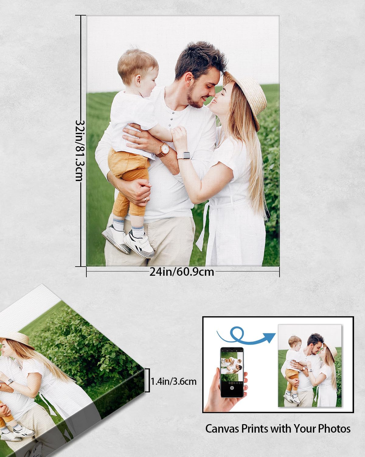 Personalized Custom Canvas Wall Art, Custom Canvas Prints with Your Photos for Living Room, Bedroom, Wedding Pet Baby Family Photo Framed Wall Art, Customized Photo Gift for Family，Friend，Lover，Pet (24L" x 32W")