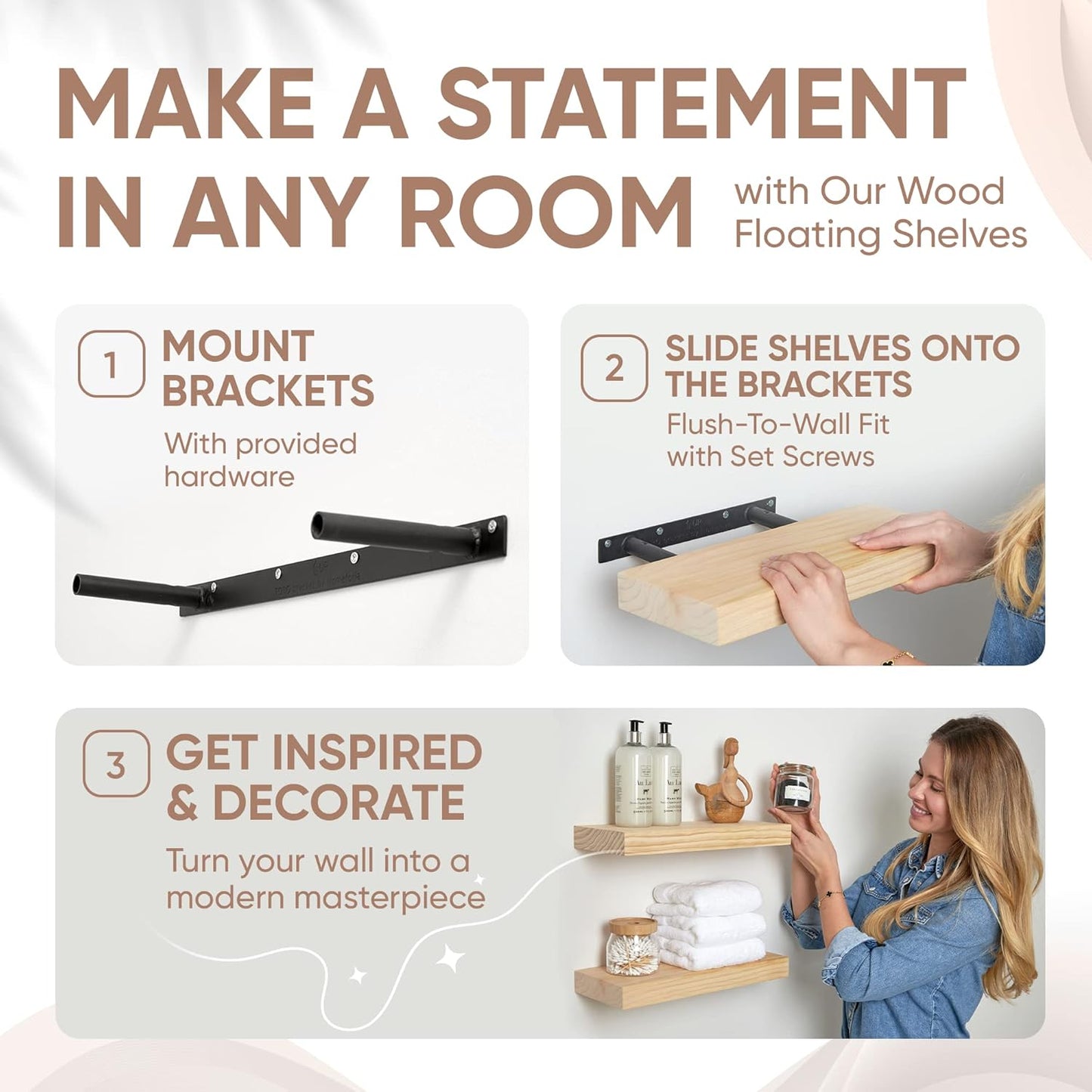 Homeforia 16 inch Natural Floating Shelf, High End Solid Real Wood 16inch Small Floating Shelves for Wall Mounted, Natural Wooden Floating Shelves, Heavy Duty Bracket, 16 X 6.5 X 1.75 in, Set of 4
