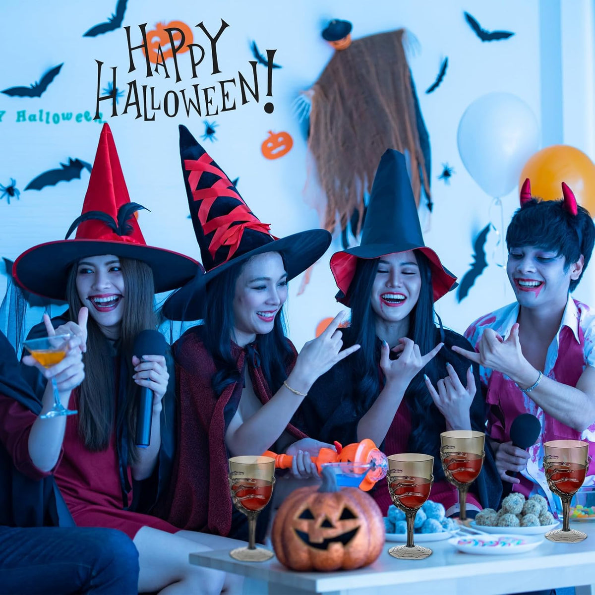 Dandat 12 Pcs Halloween Skeleton Hand Goblets 12oz Clear Plastic Halloween Cups Skull Wine Glass Set for Creepy Spooky Party Decorations (Black)