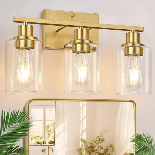 3-Light Vanity Lights with Clear Glass Shades, Brushed Gold Bathroom Light Fixtures Over Mirror, Modern Bathroom Wall Lamp for Mirror Living Room Cabinet Bedroom Porch