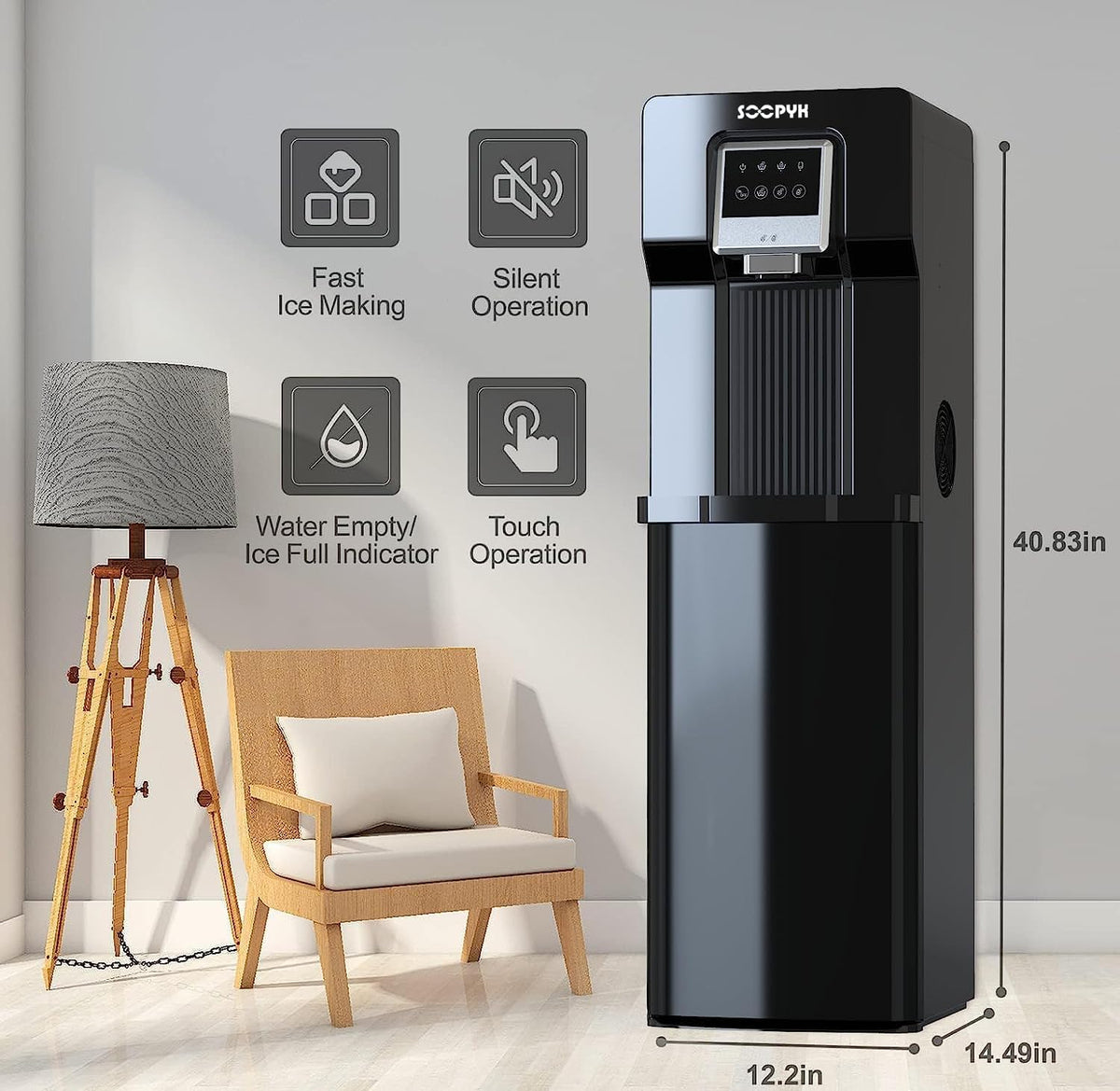 2 in 1 Bottom Load Water Cooler Dispenser with Ice Maker for 3 Gallon Bottle 17lbs Daily Capacity (NO HOT Water) Black